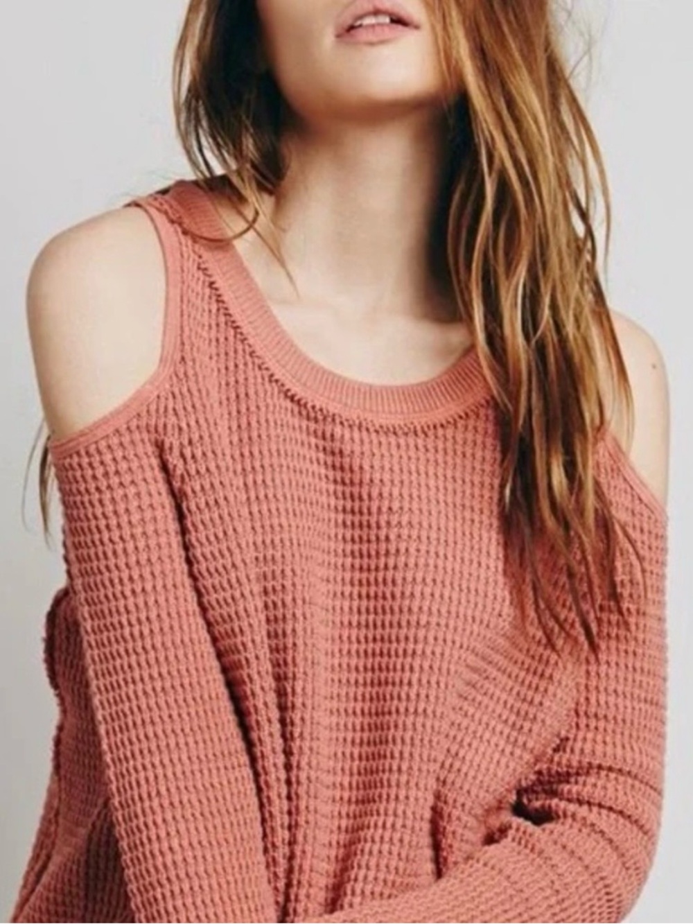 Free People Sunrise Cold Shoulder Waffle Knit Sweater in Terracotta
